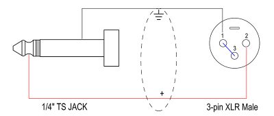 6.35 mm TS JACK to 3-pin XLR male unbalanced Wiring diagram
