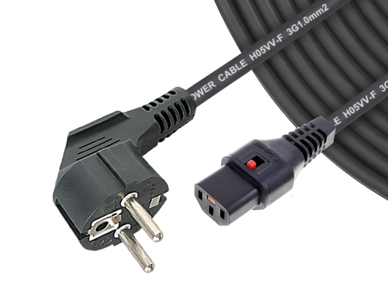 PC02 angled Schuko Power plug to IEC C13 with locking main power cord
