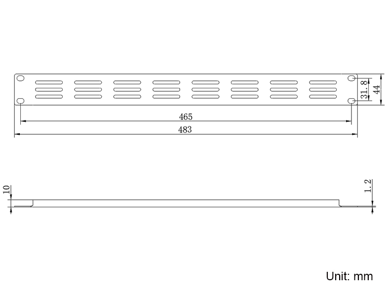 RP03V1U 1U Flanged Vent Rack Mount Panel Drawing