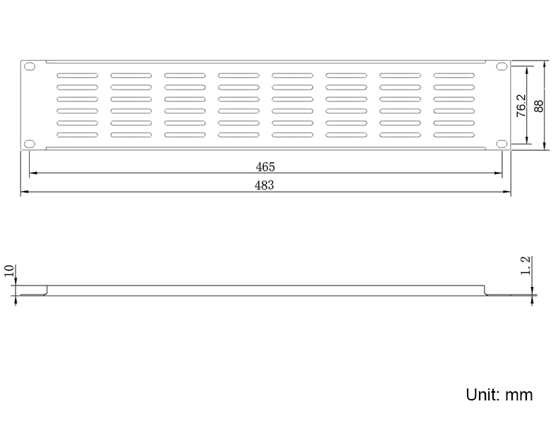 RP03V2U 2U Flanged Vent Rack Mount Panel Drawing