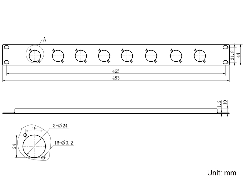 RP04X1U08 1U Steel 8 x D type Punched Rack Panel drawing