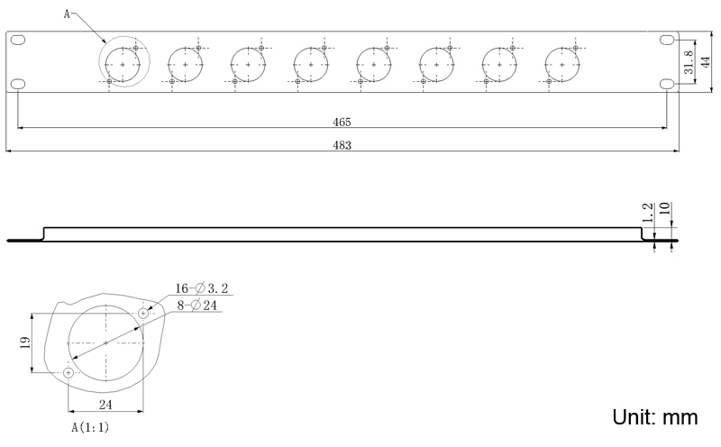 RP04X1U08R 1U Rack Panel with 8 x D type rotated 90° drawing