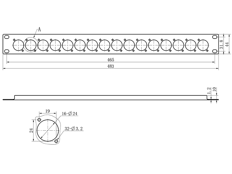 RP04X1U16 1U Steel 16 x chassis Punched Rack Mount Panels Drawing