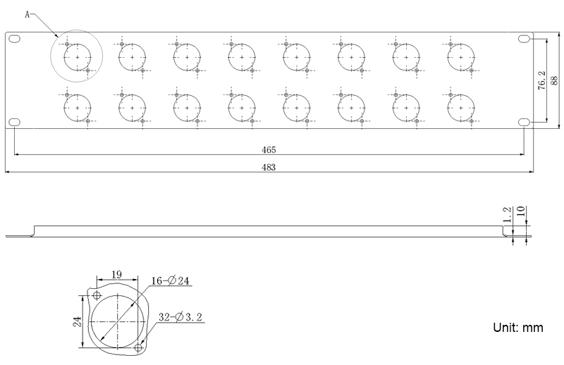 RP04X2U16 2U Steel 16 x chassis connector Punched Rack Mount Panels Drawing