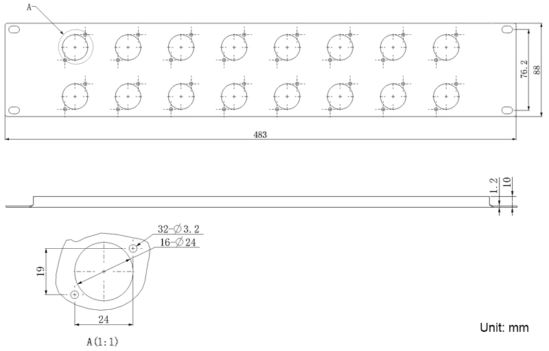 RP04X2U16R 2U Steel 16 x chassis Rack Mount Panel rotated 90 Drawing