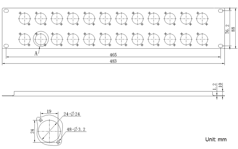 RP04X2U24 2U Steel 24 x chassis connector Punched Rack Mount Panels Drawing