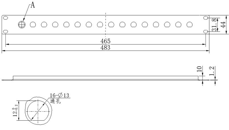 RP05B1U16 1U Steel 16 BNC Punched Rack Panels Drawing