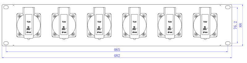 The dimension of 2U 6x schuko industry sockets rack panel RPP2U06